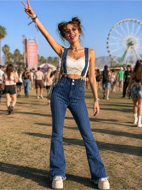 LITZ Vintage suspenders Jeans, striped, highwaisted, distressed hem size S